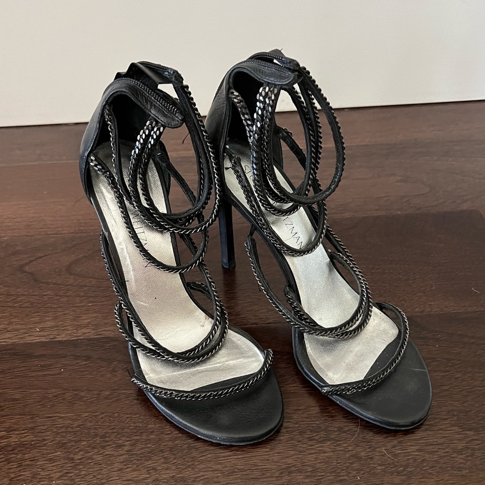 Stuart Weitzman Chain Strap Stiletto Heels Black Silver chain Size 7.5